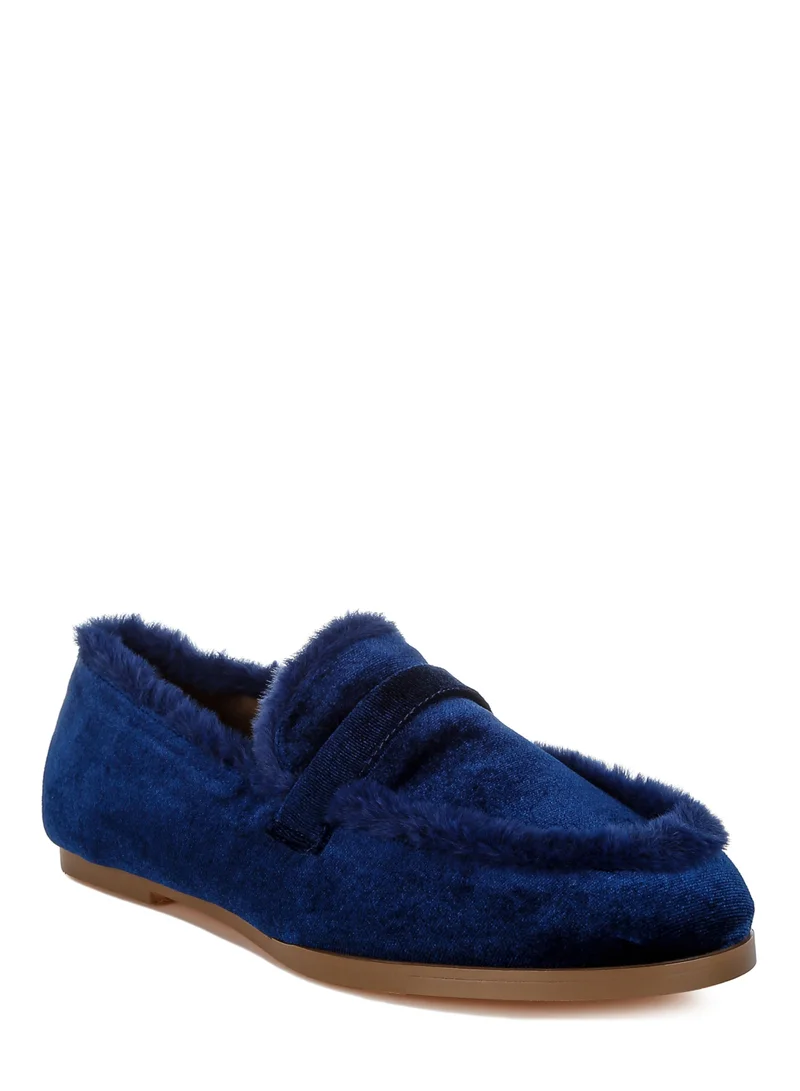 London Rag Fur Detail Velvet Loafers in Dark Blue