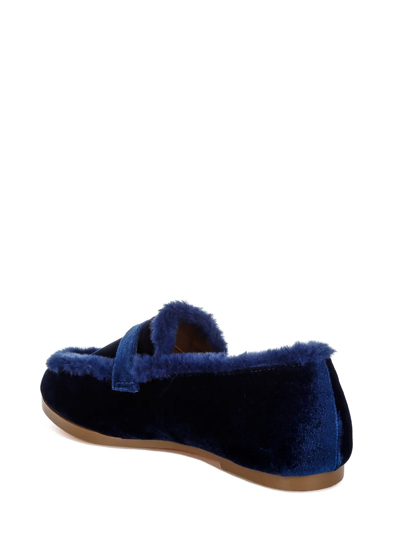 London Rag Fur Detail Velvet Loafers in Dark Blue