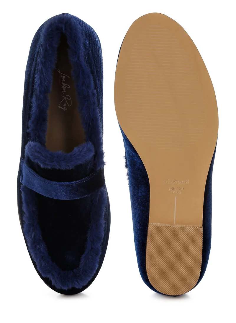 London Rag Fur Detail Velvet Loafers in Dark Blue