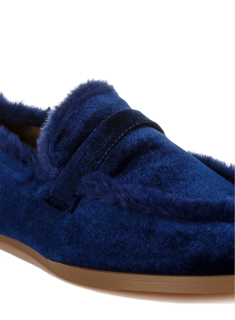 London Rag Fur Detail Velvet Loafers in Dark Blue
