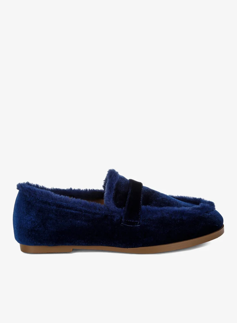 Fur Detail Velvet Loafers in Dark Blue