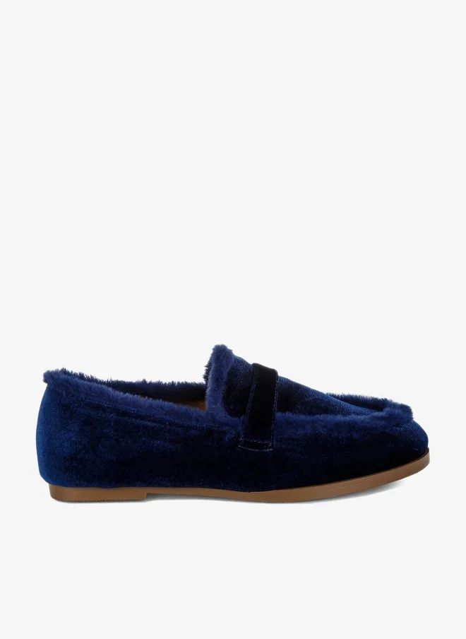 Fur Detail Velvet Loafers in Dark Blue