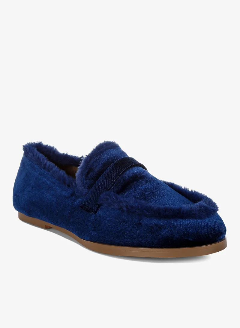 London Rag Fur Detail Velvet Loafers in Dark Blue