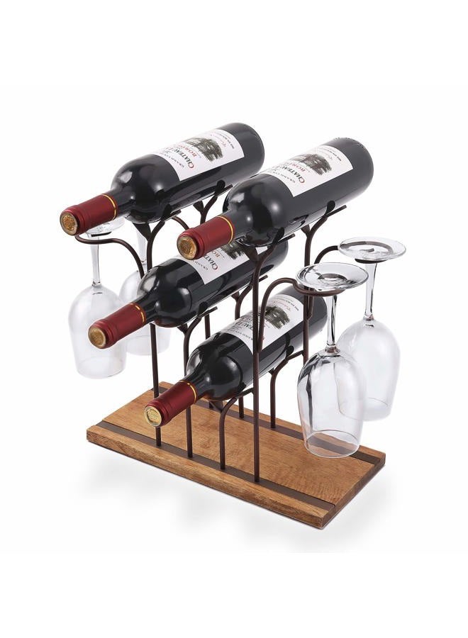 ALLCENER STONE Countertop Wine Rack, Tabletop Wood Wine Holder, Perfect for Home Decor & Kitchen Storage Rack, Bar, Wine Cellar, Cabinet, Pantry, etc,Wood & Metal (Bronze) 4 Wine Bottles and 4 Wine Glass Gold - Image 1
