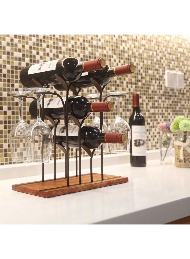 ALLCENER STONE Countertop Wine Rack, Tabletop Wood Wine Holder, Perfect for Home Decor & Kitchen Storage Rack, Bar, Wine Cellar, Cabinet, Pantry, etc,Wood & Metal (Bronze) 4 Wine Bottles and 4 Wine Glass Gold - Image 2