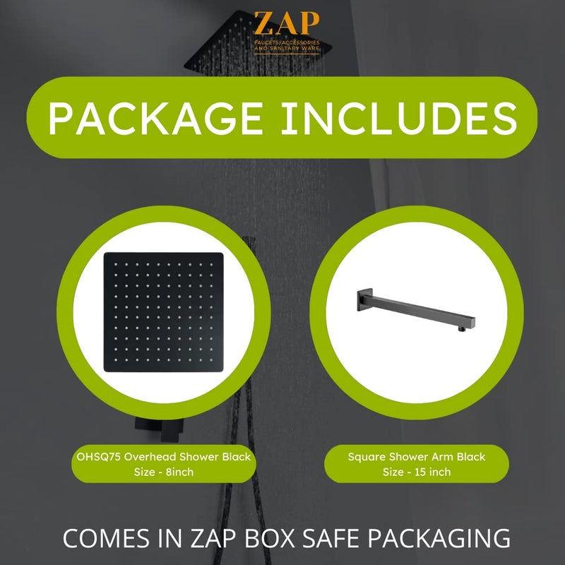 ZAP دش علوي مربع أسود قابل للدوران 360° (8 بوصة) | من الفولاذ المقاوم للصدأ مع فوهة سيليكون مضادة للميكروبات | رأس دش خفيف الوزن رفيع مثبت على الحائط مع ذراع دش مربع - Image 3