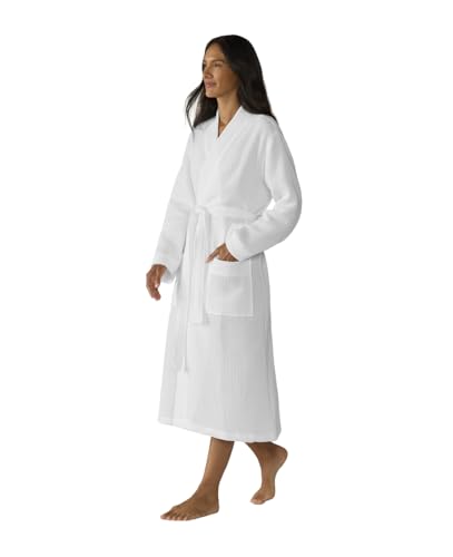 Coyuchi Unisex Organic Waffle Robe, Long Bathrobe, Cotton, Alpine White, (M-L) - Image 1