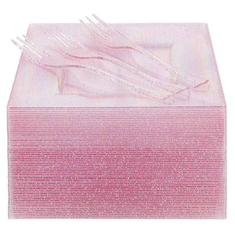 DaYammi 100Pcs Pink Dessert Plates with Forks Including 50Pcs Appetizer Plates,50Pcs Plastic Forks,Glitter Square Plate pink Disposable plates for Wedding,Plastic Cake Plate for Mother's Day Party - Image 1