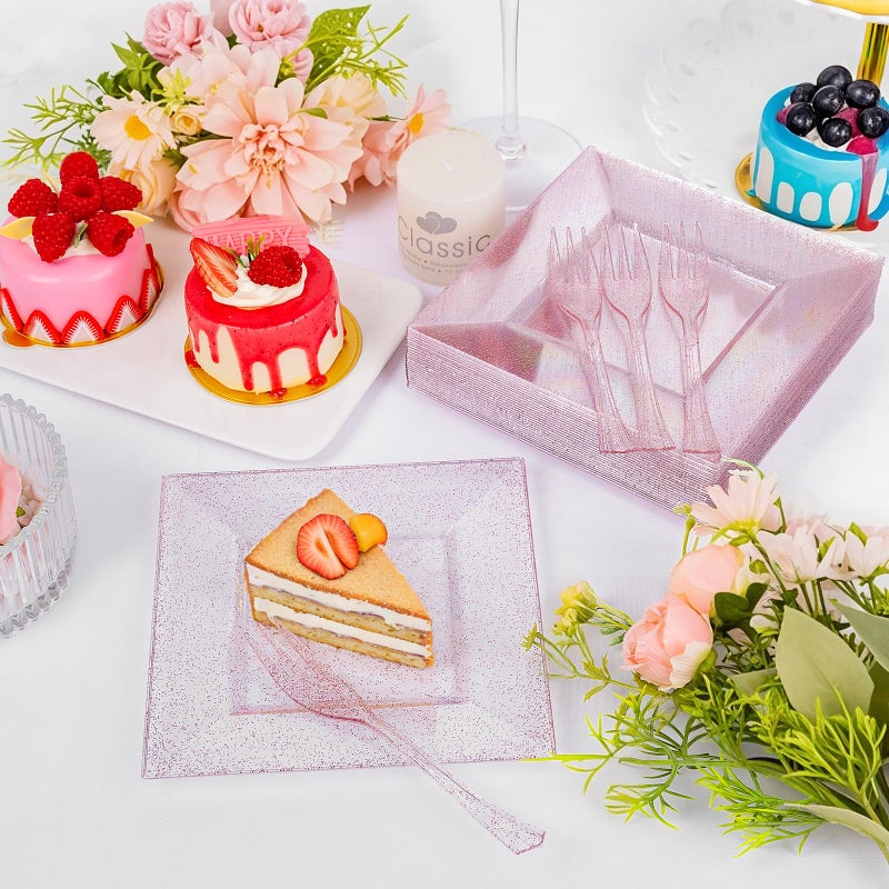 DaYammi 100Pcs Pink Dessert Plates with Forks Including 50Pcs Appetizer Plates,50Pcs Plastic Forks,Glitter Square Plate pink Disposable plates for Wedding,Plastic Cake Plate for Mother's Day Party - Image 4
