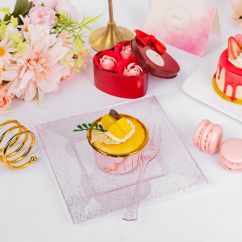 DaYammi 100Pcs Pink Dessert Plates with Forks Including 50Pcs Appetizer Plates,50Pcs Plastic Forks,Glitter Square Plate pink Disposable plates for Wedding,Plastic Cake Plate for Mother's Day Party - Image 5
