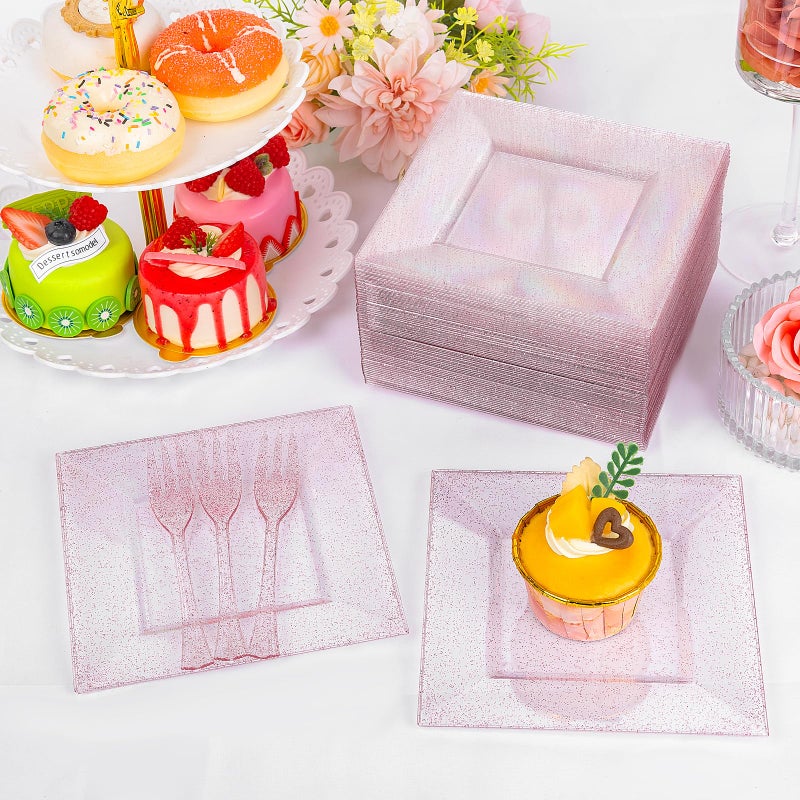DaYammi 100Pcs Pink Dessert Plates with Forks Including 50Pcs Appetizer Plates,50Pcs Plastic Forks,Glitter Square Plate pink Disposable plates for Wedding,Plastic Cake Plate for Mother's Day Party - Image 2