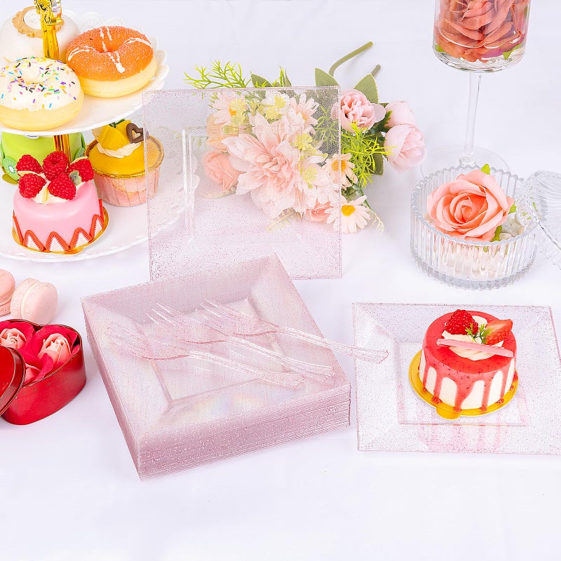 DaYammi 100Pcs Pink Dessert Plates with Forks Including 50Pcs Appetizer Plates,50Pcs Plastic Forks,Glitter Square Plate pink Disposable plates for Wedding,Plastic Cake Plate for Mother's Day Party - Image 3