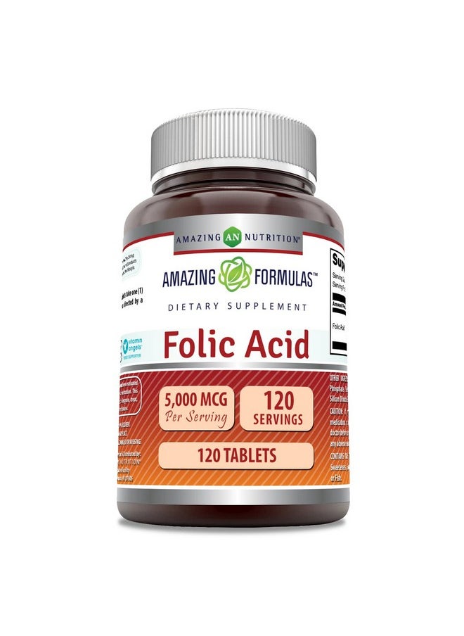 Amazing Nutrition - Amazing Formulas Folic Acid 5000 Mcg (5 Mg) 120 Tablets Supplement; Vitamin B9; Nongmo; Gluten Free; Made In Usa - Image 1
