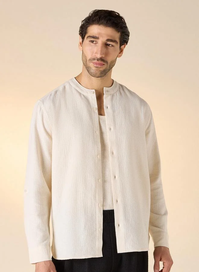 Iconic Textured Shirt with Mandarin Collar and Long Sleeves