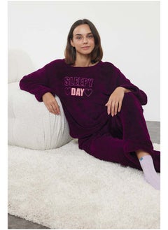 trendyol Wellsoft Winter Knitted Pajamas Set with Plum Slogan and Heart Thmaw25Pt00028  - Image 1
