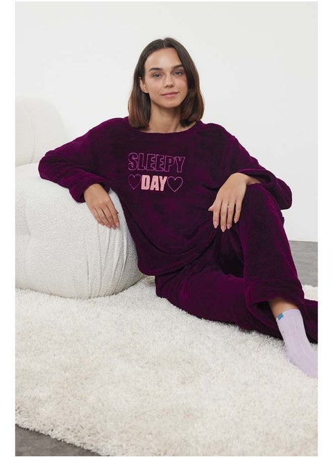 Wellsoft Winter Knitted Pajamas Set with Plum Slogan and Heart Thmaw25Pt00028