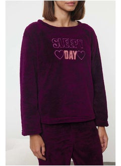 trendyol Wellsoft Winter Knitted Pajamas Set with Plum Slogan and Heart Thmaw25Pt00028  - Image 3