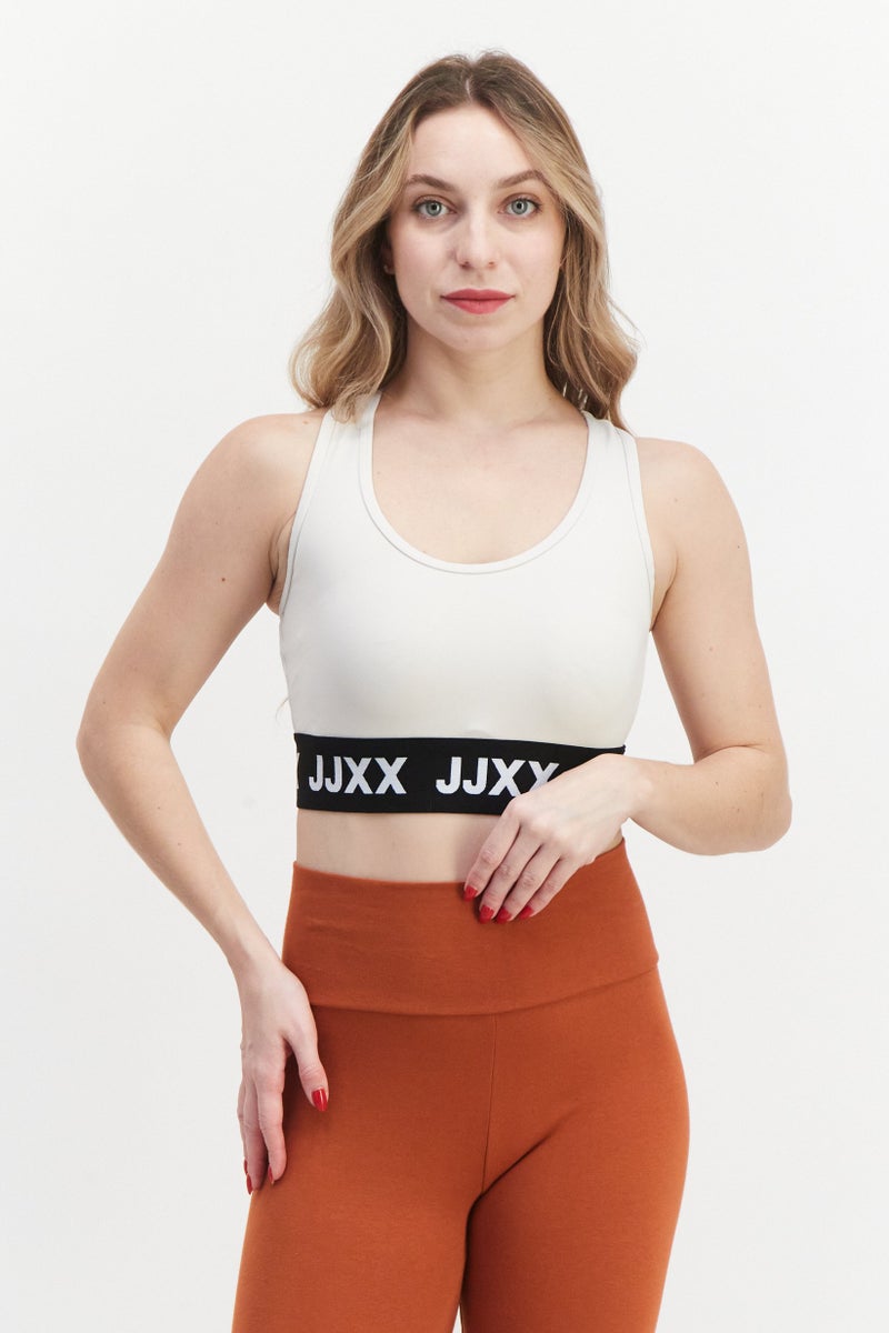 JJXX Women Scoop Neck Sleeveless Brand Logo Crop Top, Beige - Image 1