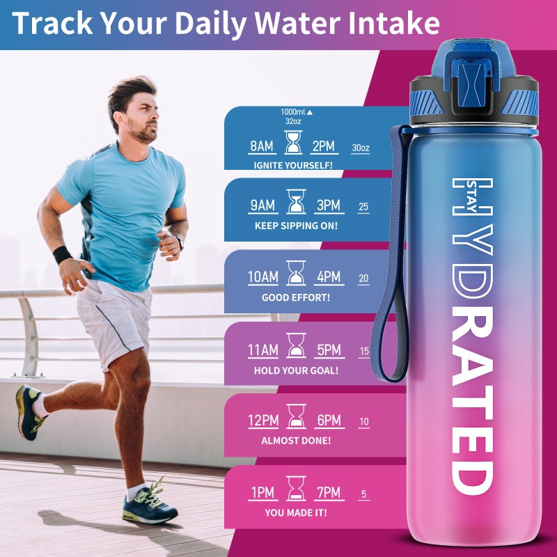 QLUR Water Bottle with Straw, 32oz Motivational Water Bottles with Time Marker to Drink, Tritan BPA Free, 1L Sports Water Bottle with Carry Strap LeakProof for Women Gym Fitness Outdoor (1 Pack) - Image 2