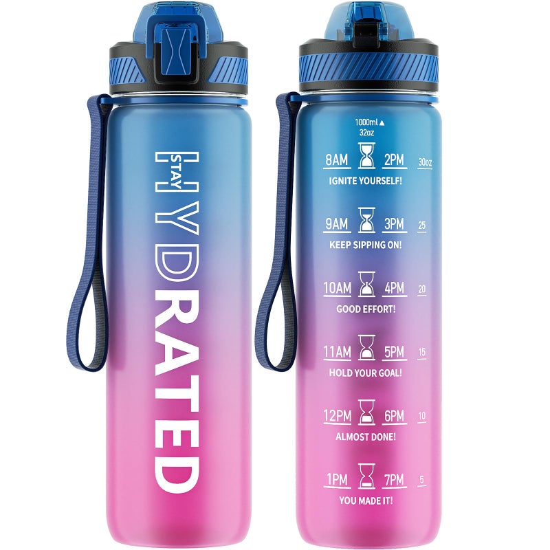 QLUR Water Bottle with Straw, 32oz Motivational Water Bottles with Time Marker to Drink, Tritan BPA Free, 1L Sports Water Bottle with Carry Strap LeakProof for Women Gym Fitness Outdoor (1 Pack) - Image 1