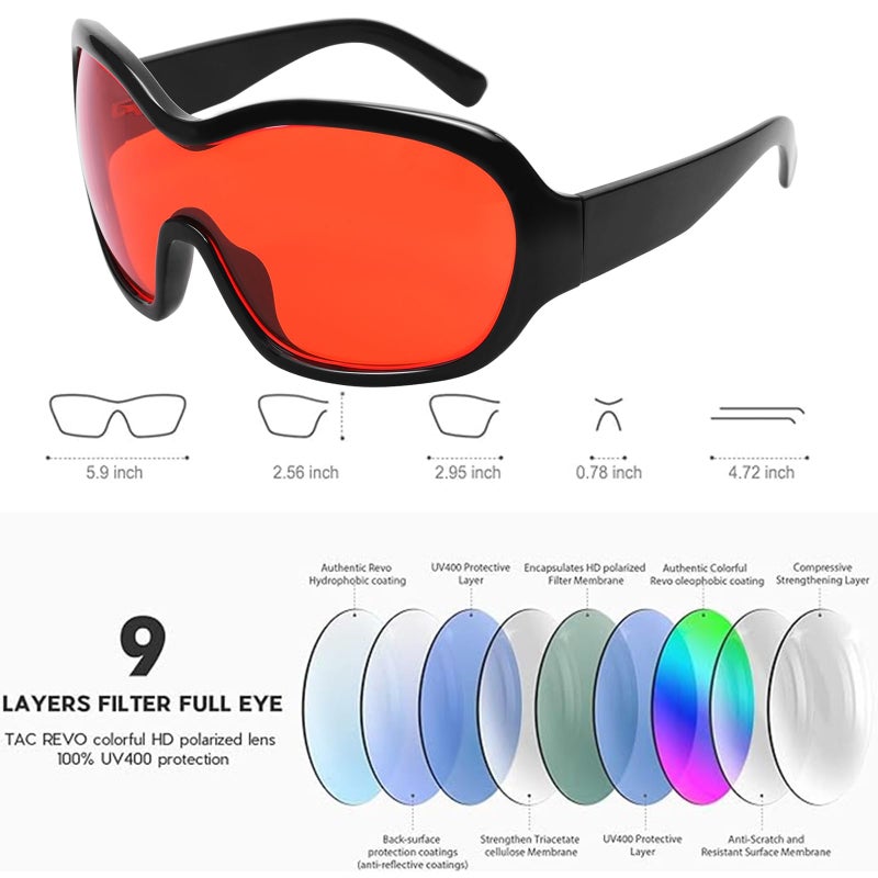 TYA Oversized Trendy Wrap Around Sunglasses for Women Men - Cool Concert shades 2000s Retro Round Big Shield Glasses (Black/Red) - Image 5