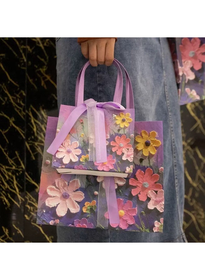 حقيبة هدايا ملونة بمقبض، أكياس ورقية للهدايا مطبوعة برسومات زيتية، أكياس هدايا متوسطة الحجم وصغيرة الحجم - Image 5