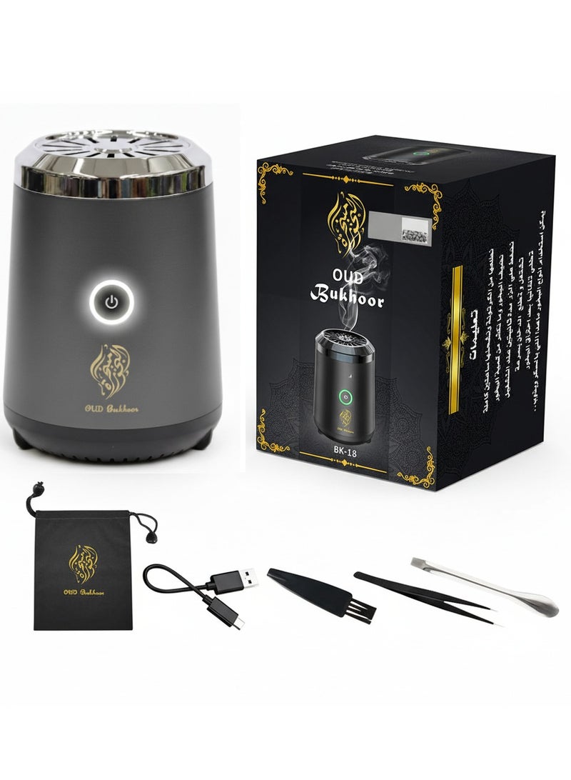 بخور مبخرة صغيرة محمولة | موزع بخور وعود كهربائي قابل للشحن عبر USB | حامل بخور عربي، جهاز مبخر للمنزل والمكتب والسفر والسيارة، لون رمادي للعلاج العطري - Image 1