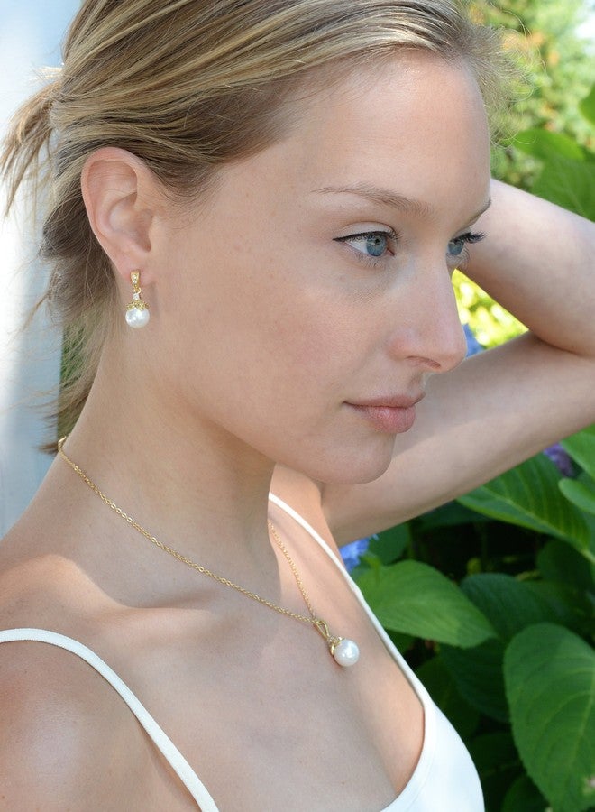 Mariell Gold Pearl Drop Bridal Necklace Earrings Set with CZ Crystals for Brides, Prom, Birthday Gift - Image 4