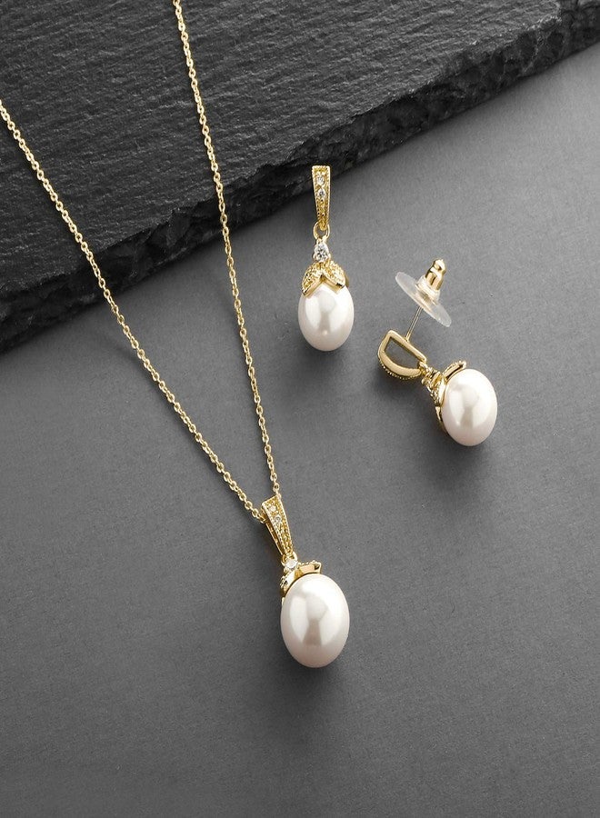 Mariell Gold Pearl Drop Bridal Necklace Earrings Set with CZ Crystals for Brides, Prom, Birthday Gift - Image 5