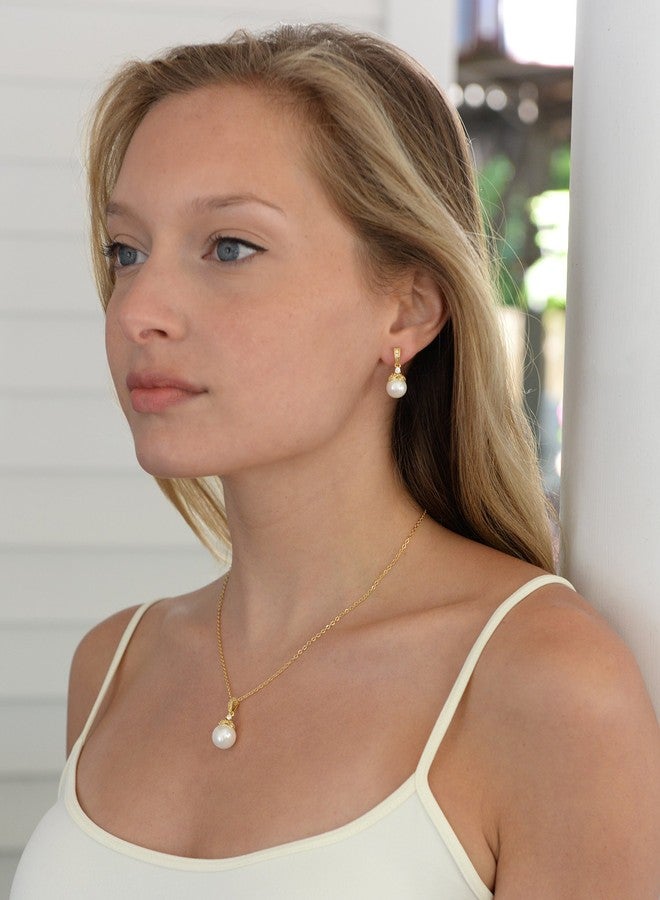 Mariell Gold Pearl Drop Bridal Necklace Earrings Set with CZ Crystals for Brides, Prom, Birthday Gift - Image 3