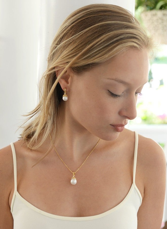 Mariell Gold Pearl Drop Bridal Necklace Earrings Set with CZ Crystals for Brides, Prom, Birthday Gift - Image 2