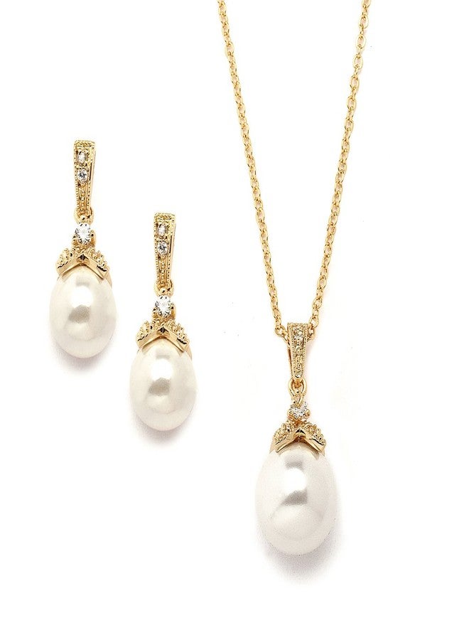 Mariell Gold Pearl Drop Bridal Necklace Earrings Set with CZ Crystals for Brides, Prom, Birthday Gift - Image 1