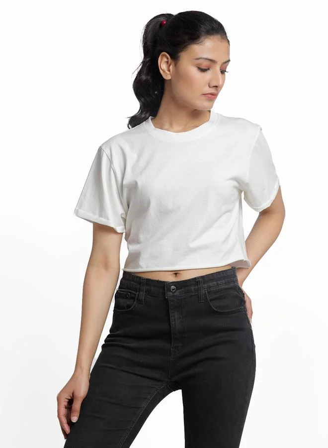 Styli Off White Cotton Short Sleeve Crop T-Shirt By Door74