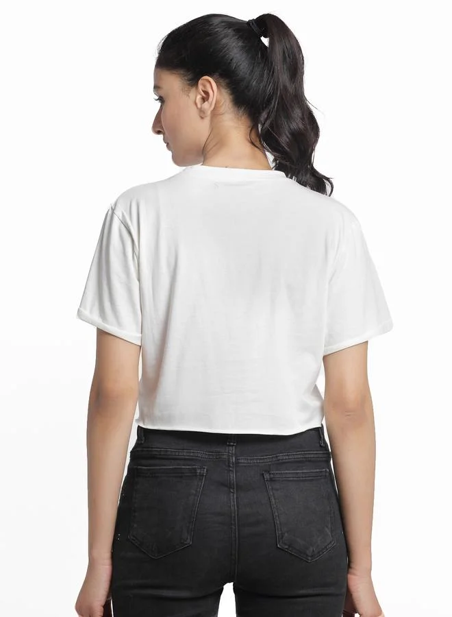 Styli Off White Cotton Short Sleeve Crop T-Shirt By Door74