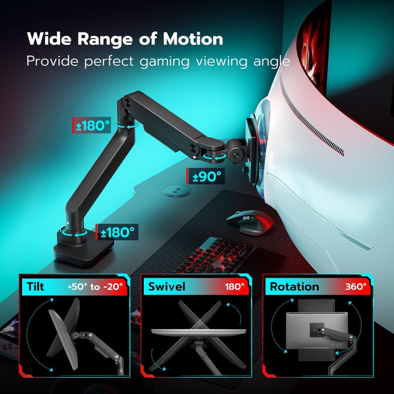 ARES WING Ultrawide Monitor Arm for 17 to 49 Inch Heavy Duty Curved Screen, Holds 44 Lbs, Adjustable Gas Spring Monitor Arm Desk Mount with C Clamp, Grommet Base, 75/100 Vesa Mount, Black - Image 4