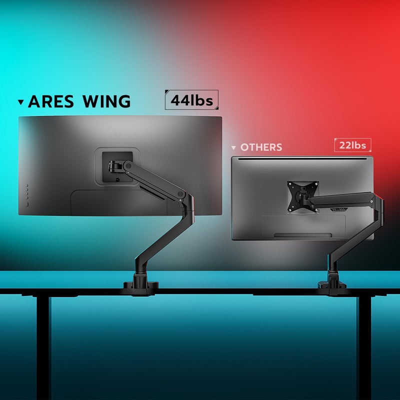 ARES WING Ultrawide Monitor Arm for 17 to 49 Inch Heavy Duty Curved Screen, Holds 44 Lbs, Adjustable Gas Spring Monitor Arm Desk Mount with C Clamp, Grommet Base, 75/100 Vesa Mount, Black - Image 2