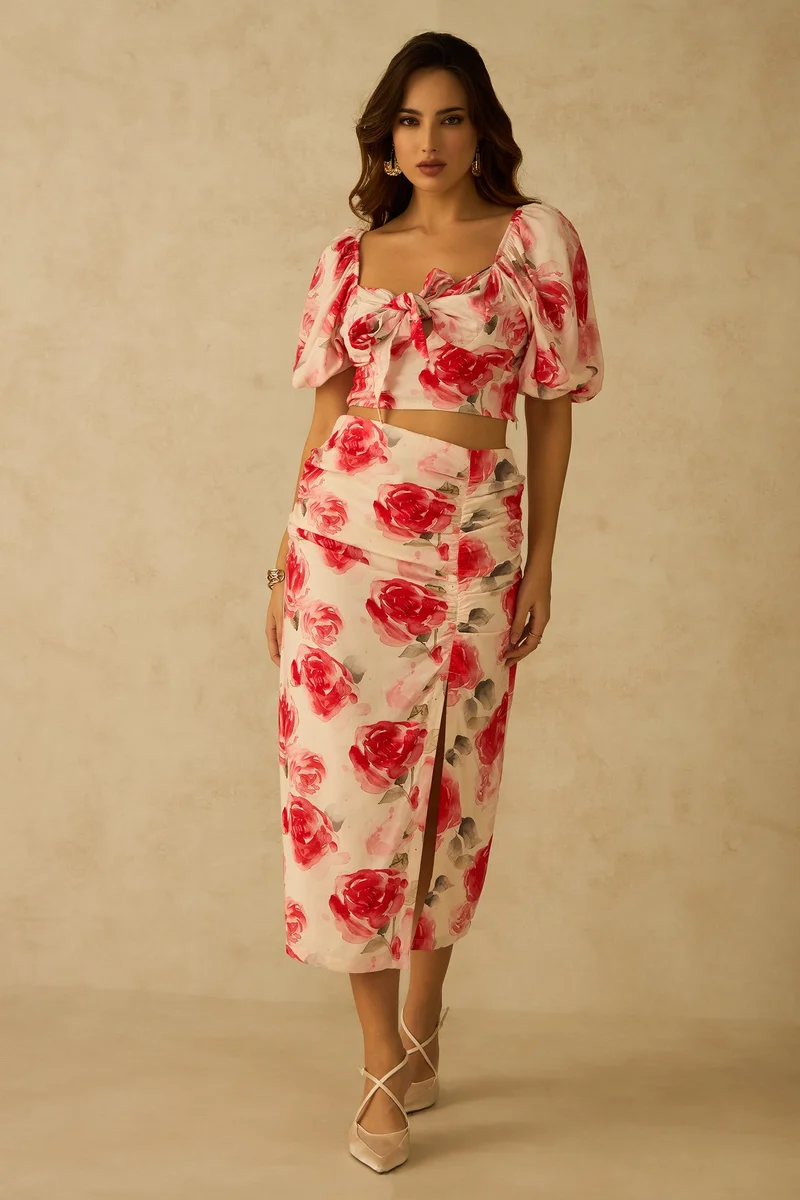 Virgio Floral Viscose Floral Side-Slit With Ruching Skirt for Women