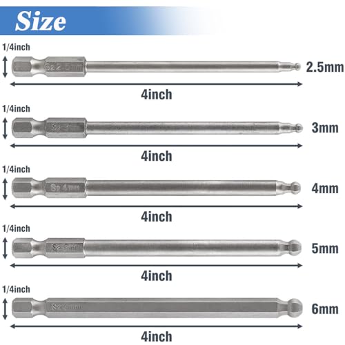 Wolfride 5Pcs Ball End Hex Shank Screwdriver Bit Set, Magnetic Ball End Drill Bit with 1/4 Inch Hex Shank 100mm Length |2.5mm 3mm 4mm 5mm 6mm - Image 2