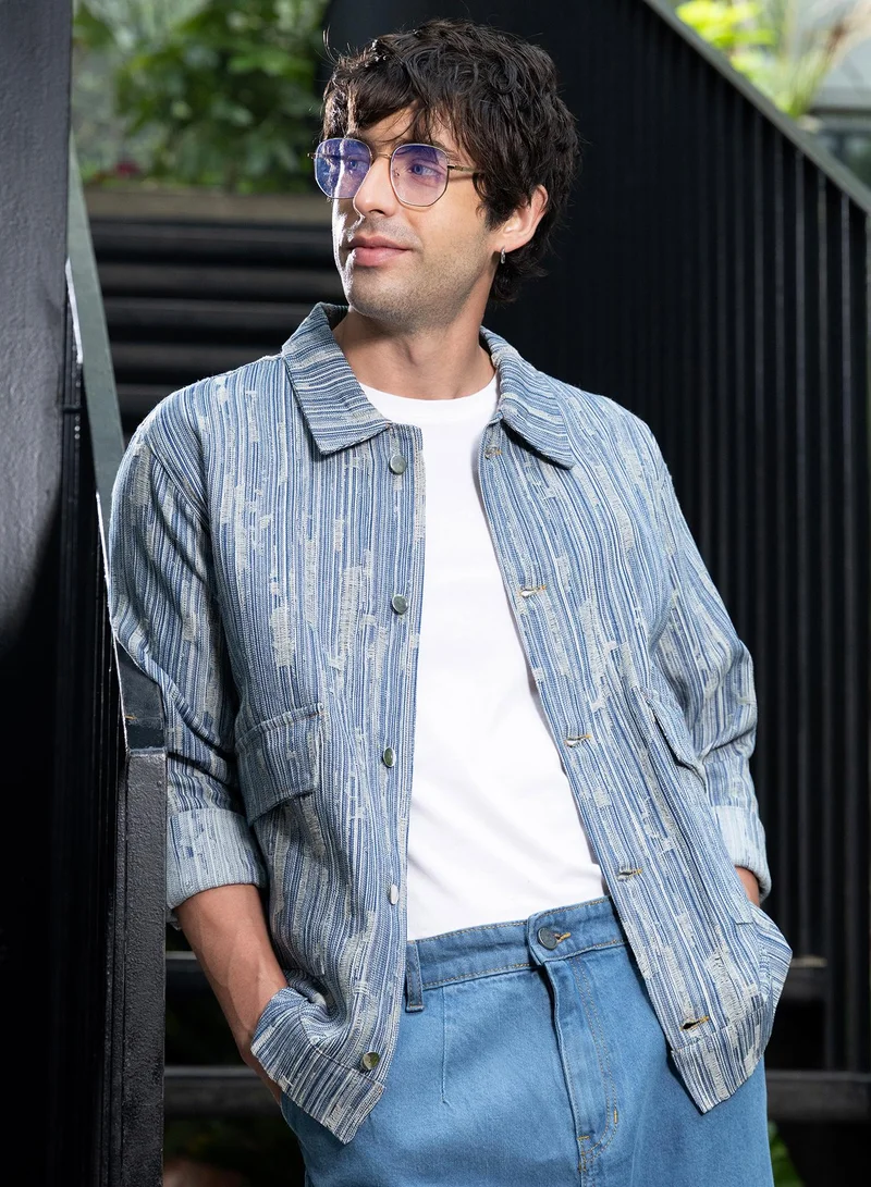Campus Sutra Men's Indigo Blue Relaxed Jacquard-Denim Jacket