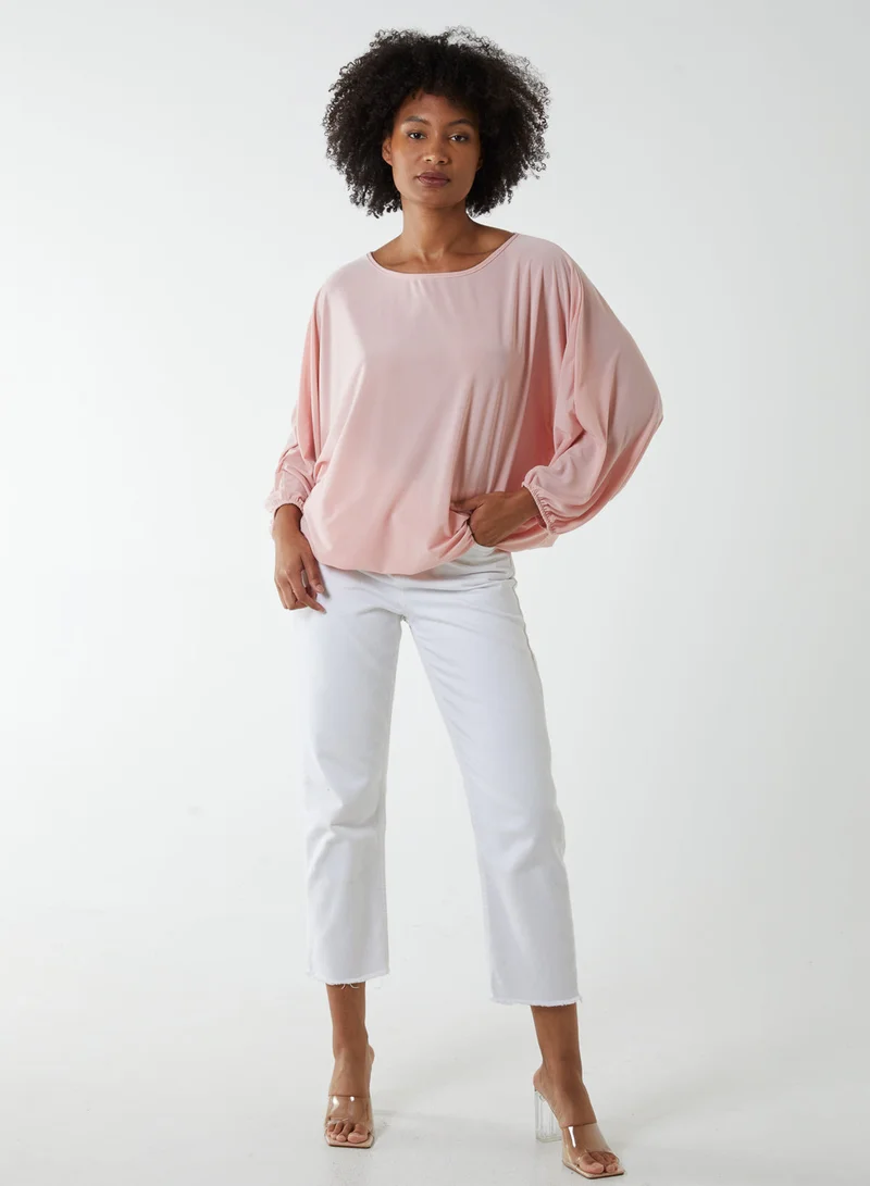 بلو فانيلا بلوزة بأكمام باتوينج وحافة مطاطية