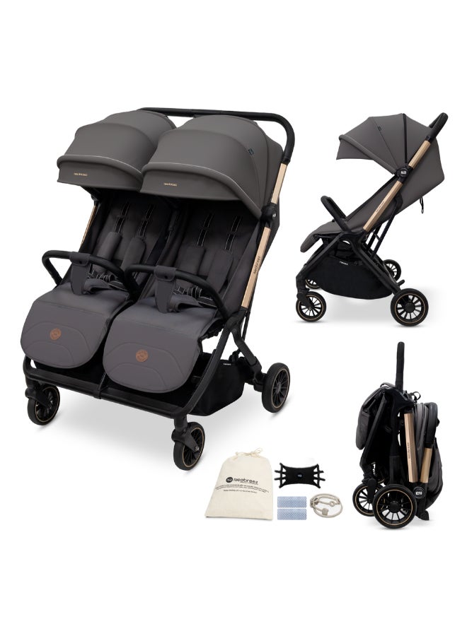 Neobreez Compact Autofold Folding Double Stroller,Twin Stroller,Aluminium Frame,Individual Canopy&Recline Adjustment,Phone Holder,Toy Strap,Reflective Stickers,2 Zippered Pockets,0–4Yrs,3Yrs Warranty-Grey - Image 1