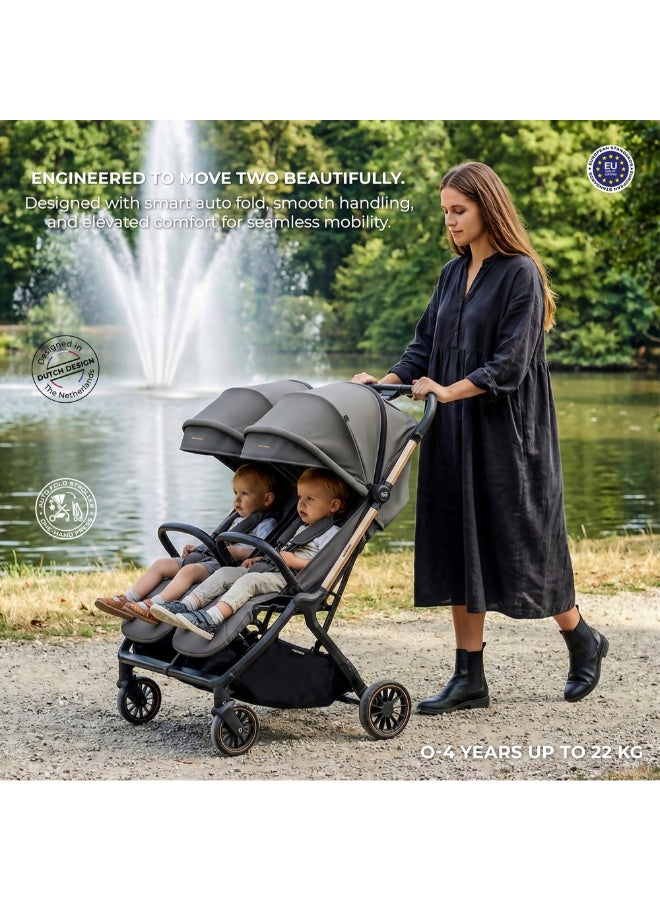 Neobreez Compact Autofold Folding Double Stroller,Twin Stroller,Aluminium Frame,Individual Canopy&Recline Adjustment,Phone Holder,Toy Strap,Reflective Stickers,2 Zippered Pockets,0–4Yrs,3Yrs Warranty-Grey - Image 3