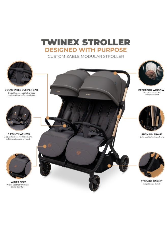 Neobreez Compact Autofold Folding Double Stroller,Twin Stroller,Aluminium Frame,Individual Canopy&Recline Adjustment,Phone Holder,Toy Strap,Reflective Stickers,2 Zippered Pockets,0–4Yrs,3Yrs Warranty-Grey - Image 2
