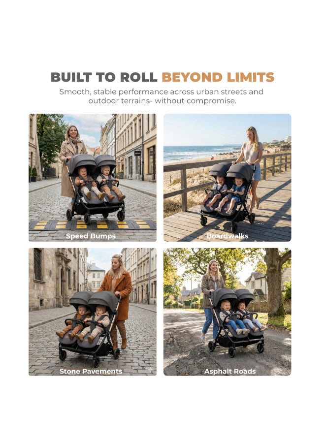 Neobreez Compact Autofold Folding Double Stroller,Twin Stroller,Aluminium Frame,Individual Canopy&Recline Adjustment,Phone Holder,Toy Strap,Reflective Stickers,2 Zippered Pockets,0–4Yrs,3Yrs Warranty-Grey - Image 5