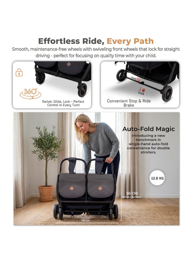 Neobreez Compact Autofold Folding Double Stroller,Twin Stroller,Aluminium Frame,Individual Canopy&Recline Adjustment,Phone Holder,Toy Strap,Reflective Stickers,2 Zippered Pockets,0–4Yrs,3Yrs Warranty-Grey - Image 4