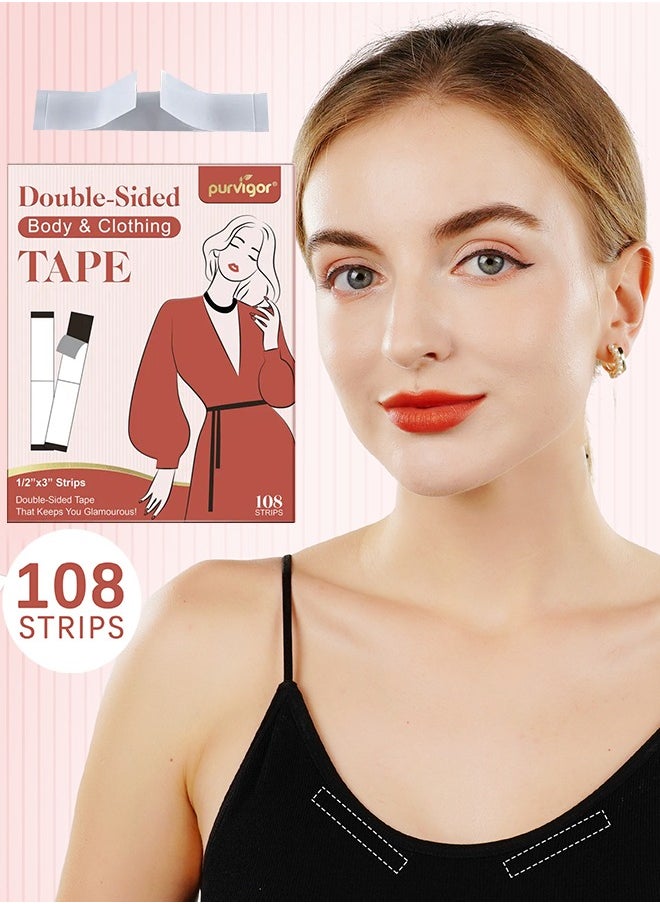 Purvigor - 108 Strips Body and Clothing Fashion Tape Double Sided Tape for Clothes Dress Tape Transparent Clothing Tape for Clothes to Skin Body Tape for Any Kinds of Clothes Ideal Tape to Hold Clothes in Place - Image 1