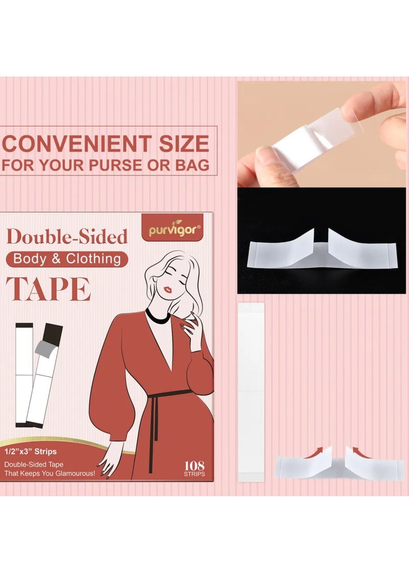 Purvigor - 108 Strips Body and Clothing Fashion Tape Double Sided Tape for Clothes Dress Tape Transparent Clothing Tape for Clothes to Skin Body Tape for Any Kinds of Clothes Ideal Tape to Hold Clothes in Place - Image 1