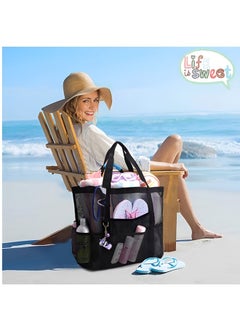 Beauenty Mesh Beach Bag,lightweight & Foldable Beach Tote Bag with Zipper and Pockets Ideal for Your Family Beach Trip for Women,waterproof & Sandproof Mesh Bag for Beach Toys  - Image 4