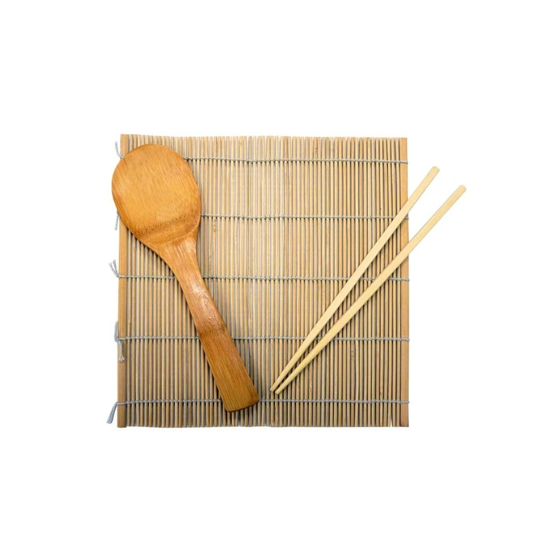 IMUSA USA WPAN10031 3pc Bamboo Complete Sushi Set Rolling Mat Chopsticks Paddle Brown