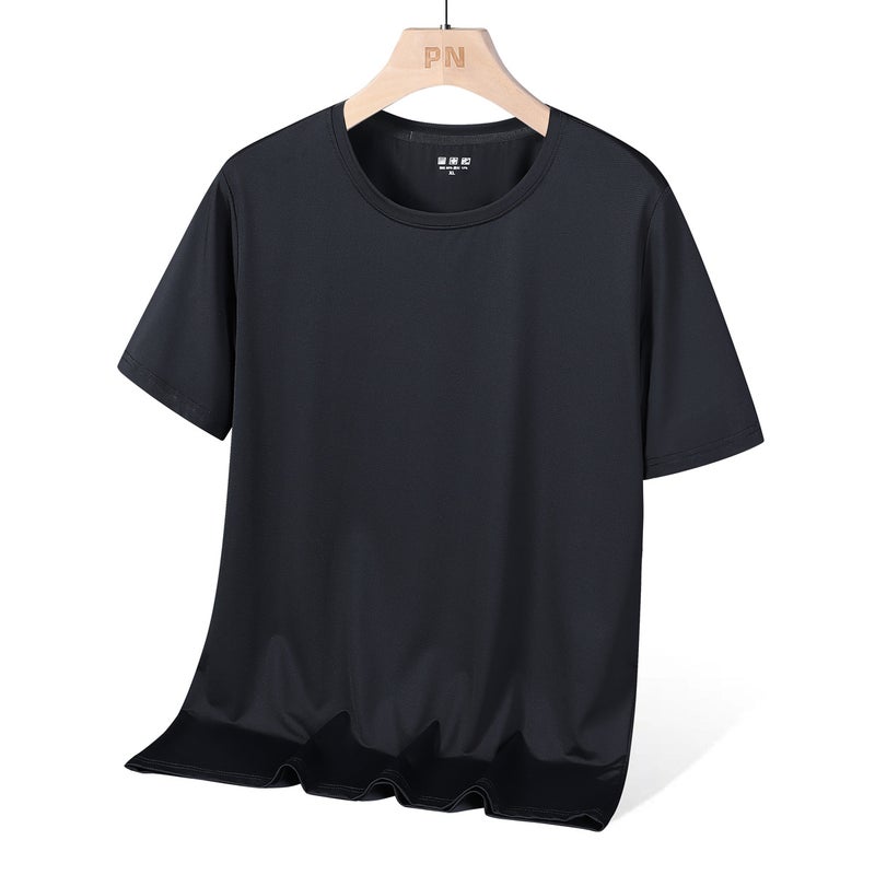Nano Small Hole Round Neck Ice Silk Men'S And Women'S Same Loose Plus Size Three Bars Solid Color Casual Sports High Elastic Plus Size Top - Image 1